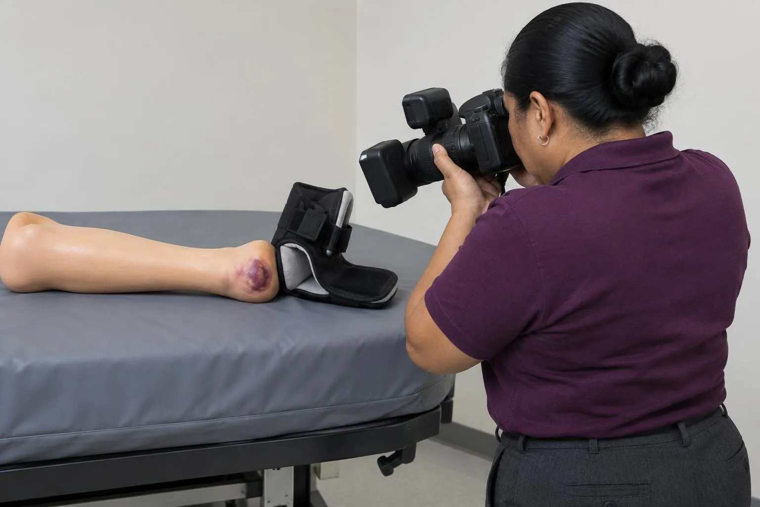 A legal nurse consultant photographs a silicone heel injury model during a specialist wound-care demonstration.