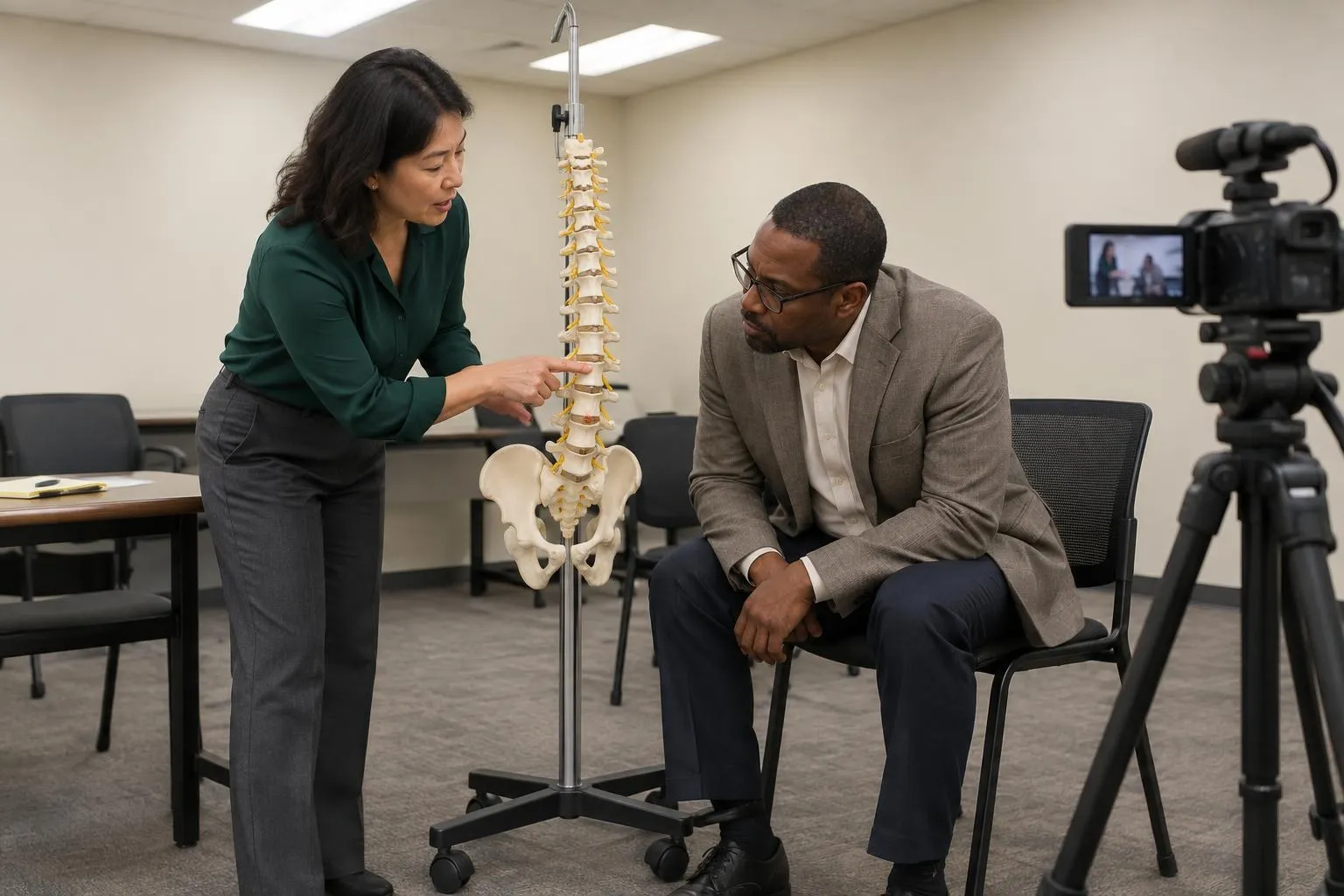A legal nurse consultant explains a spine model to an attorney during an evening deposition rehearsal.