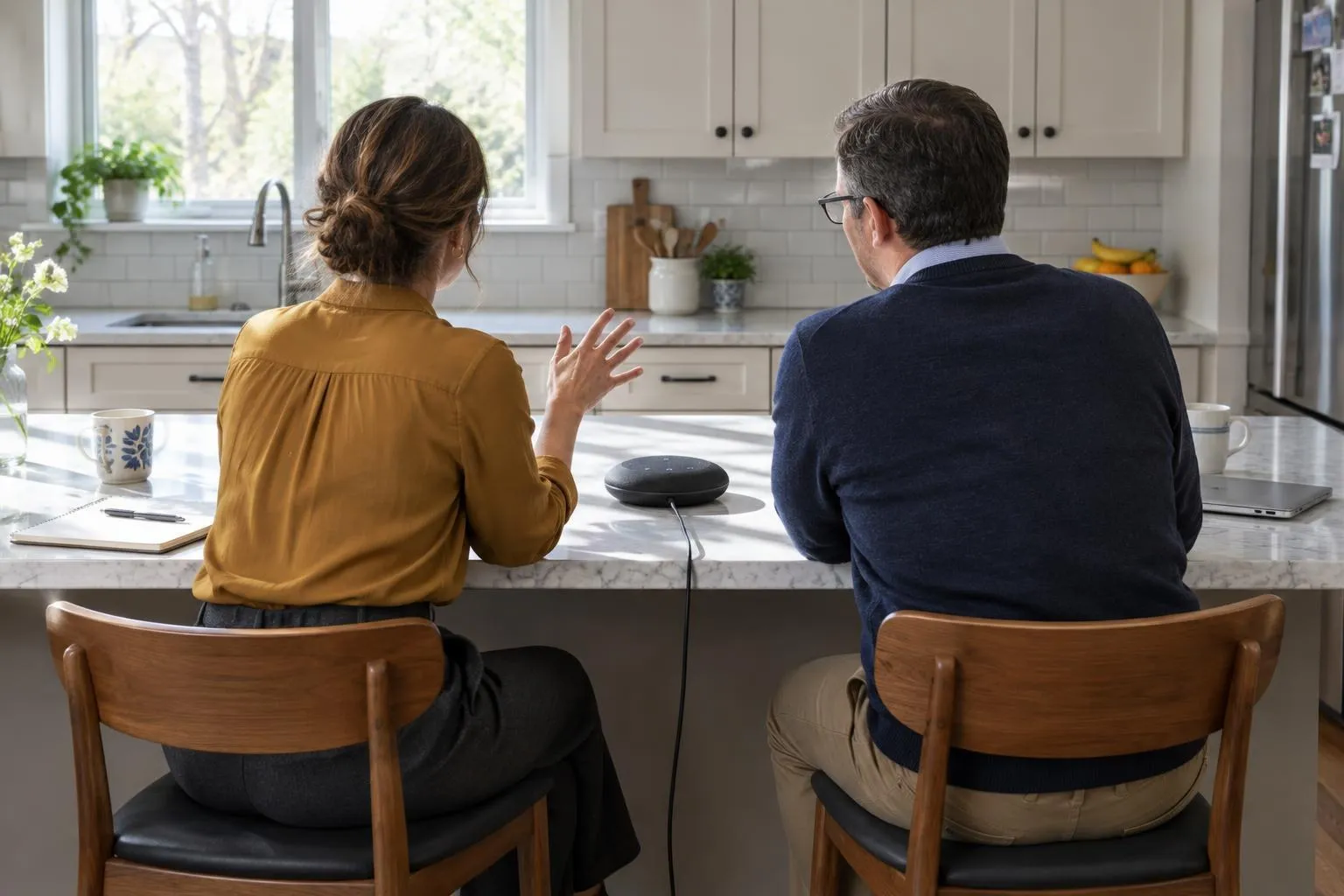 Two legal nurse consultants discuss a case over a conference speaker at a home kitchen peninsula.